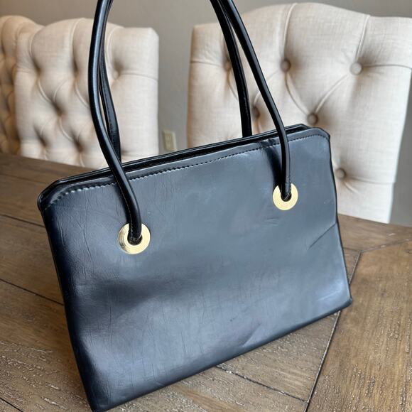 VTG 60's Black Accordion Pocket Snap Over Kisslock Handbag Double Straps Retro - Picture 2 of 16